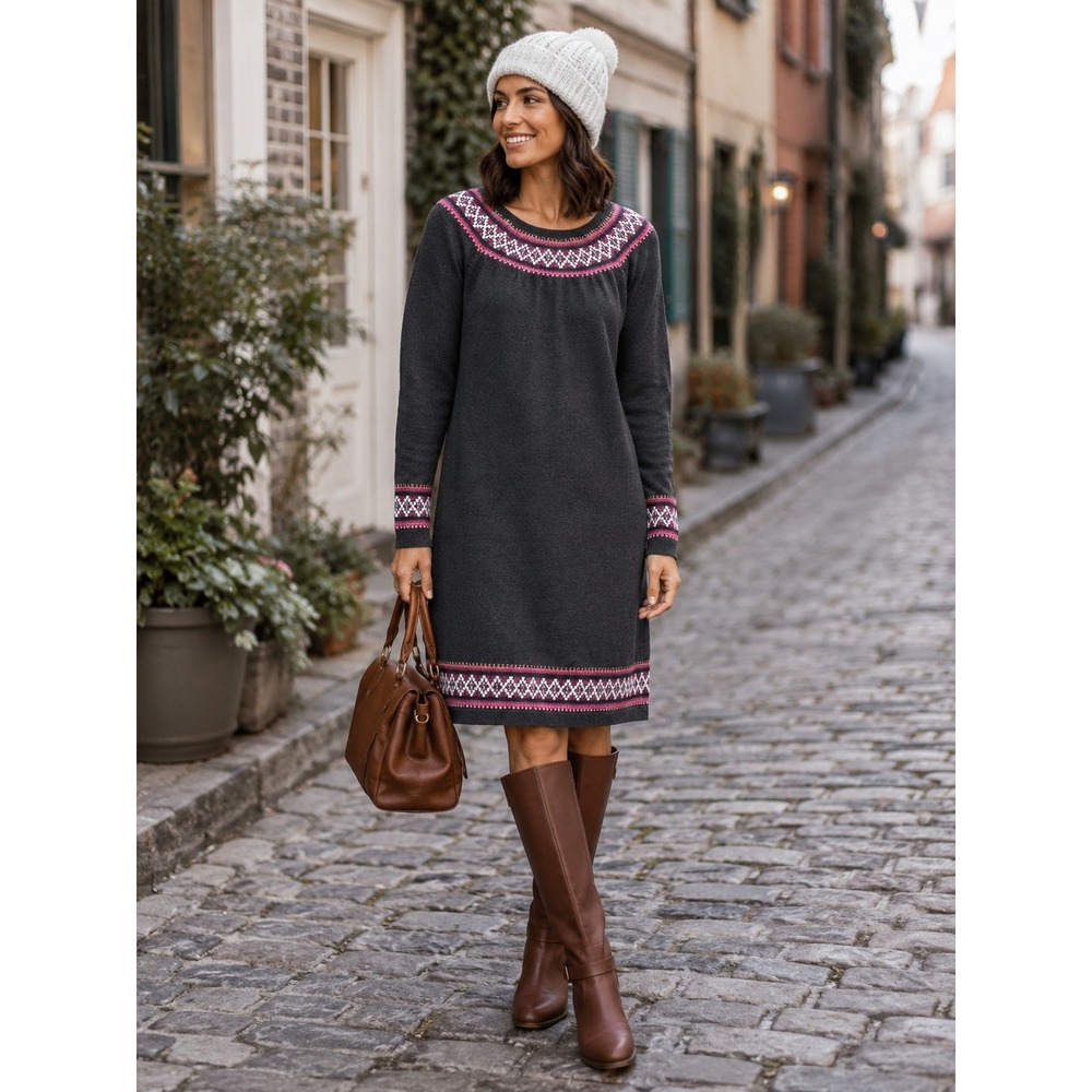 Hanna Andersson Fair Isle Sweater Dress Women's Size M Gray Cotton Cozy Modest